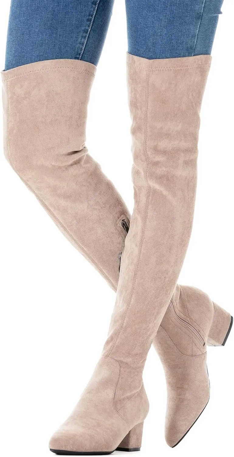 N.N.G Women Over the Knee Boots Low Heel Winter Block Suede Thigh High Chunky OTK Long Comfort