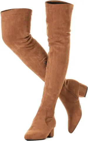 N.N.G Women Over the Knee Boots Low Heel Winter Block Suede Thigh High Chunky OTK Long Comfort