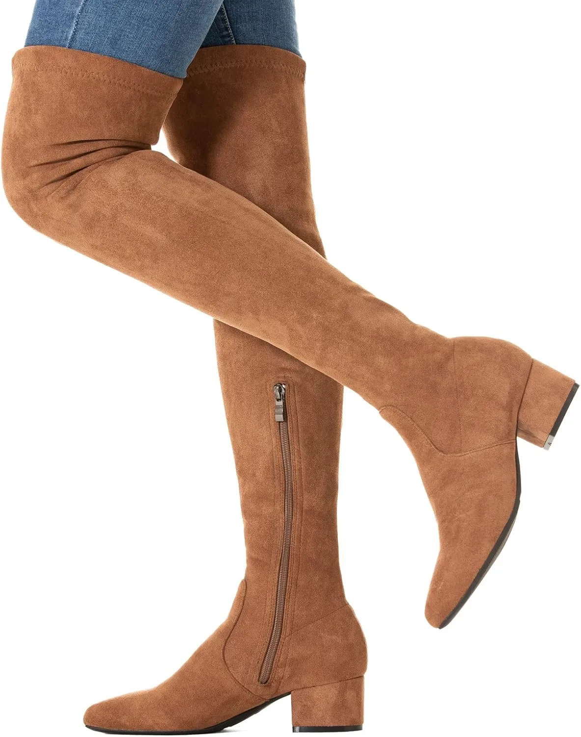 N.N.G Women Over the Knee Boots Low Heel Winter Block Suede Thigh High Chunky OTK Long Comfort