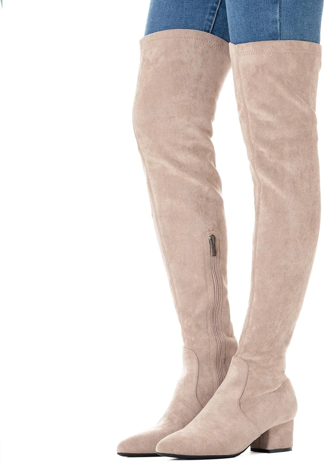 N.N.G Women Over the Knee Boots Low Heel Winter Block Suede Thigh High Chunky OTK Long Comfort