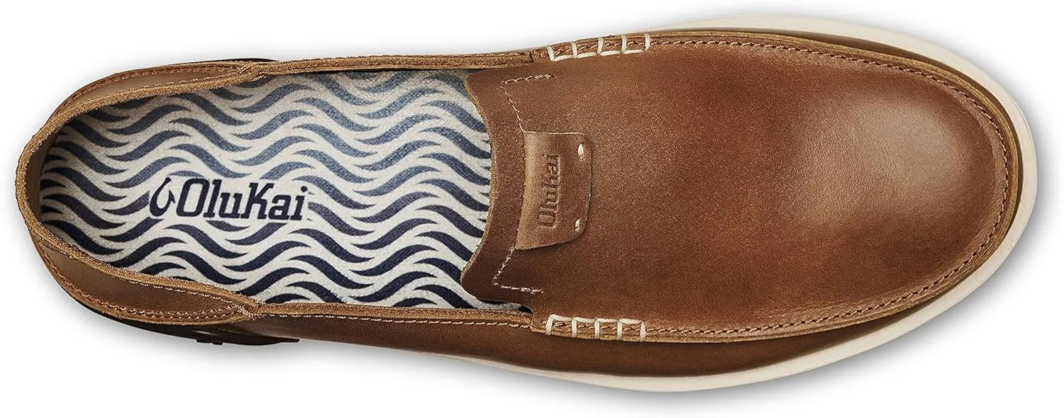 OLUKAI Kakaha Men's Slip-On Shoes, Full-Grain Leather Sneakers, Gel Insert for Comfort & Support, Comfort Fit & Wet Grip Rubber