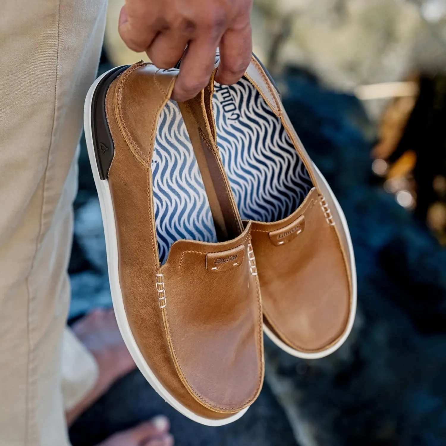 OLUKAI Kakaha Men's Slip-On Shoes, Full-Grain Leather Sneakers, Gel Insert for Comfort & Support, Comfort Fit & Wet Grip Rubber