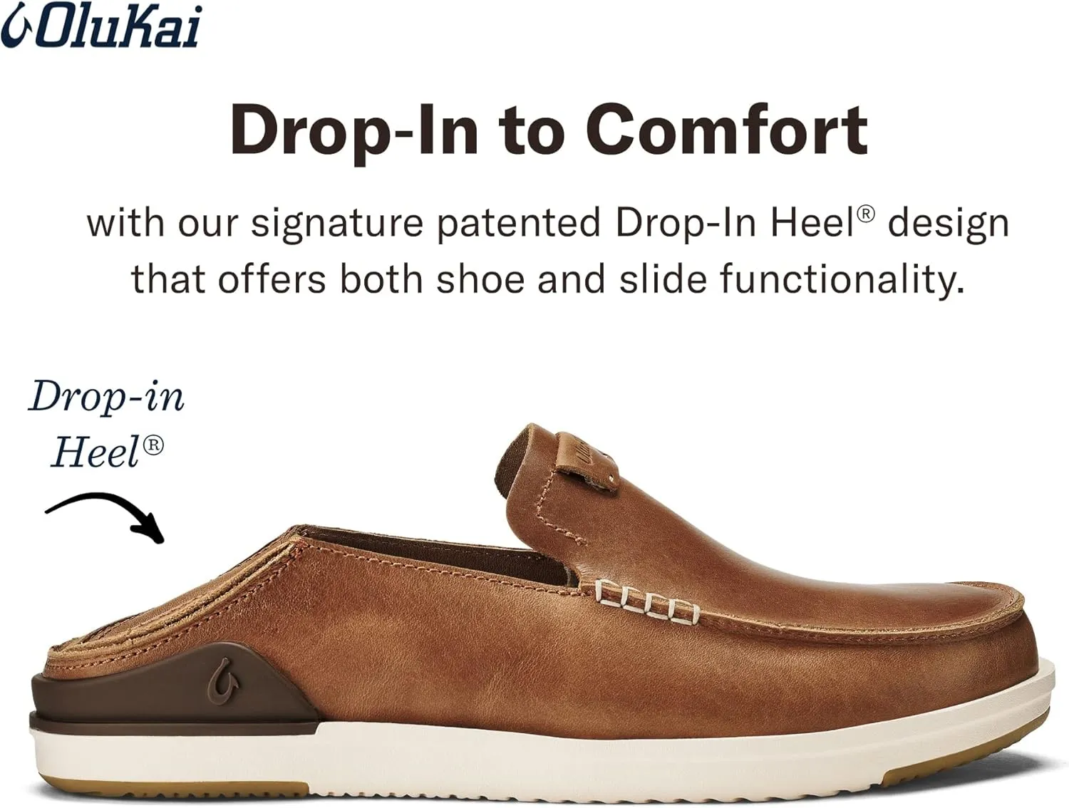 OLUKAI Kakaha Men's Slip-On Shoes, Full-Grain Leather Sneakers, Gel Insert for Comfort & Support, Comfort Fit & Wet Grip Rubber