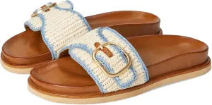 OMLISHZTY Women's Slide Sandals with Oversized Buckle Woven Raffia Flat Sandals for Beach Breathable Cotton Slip-On Summer Shoes