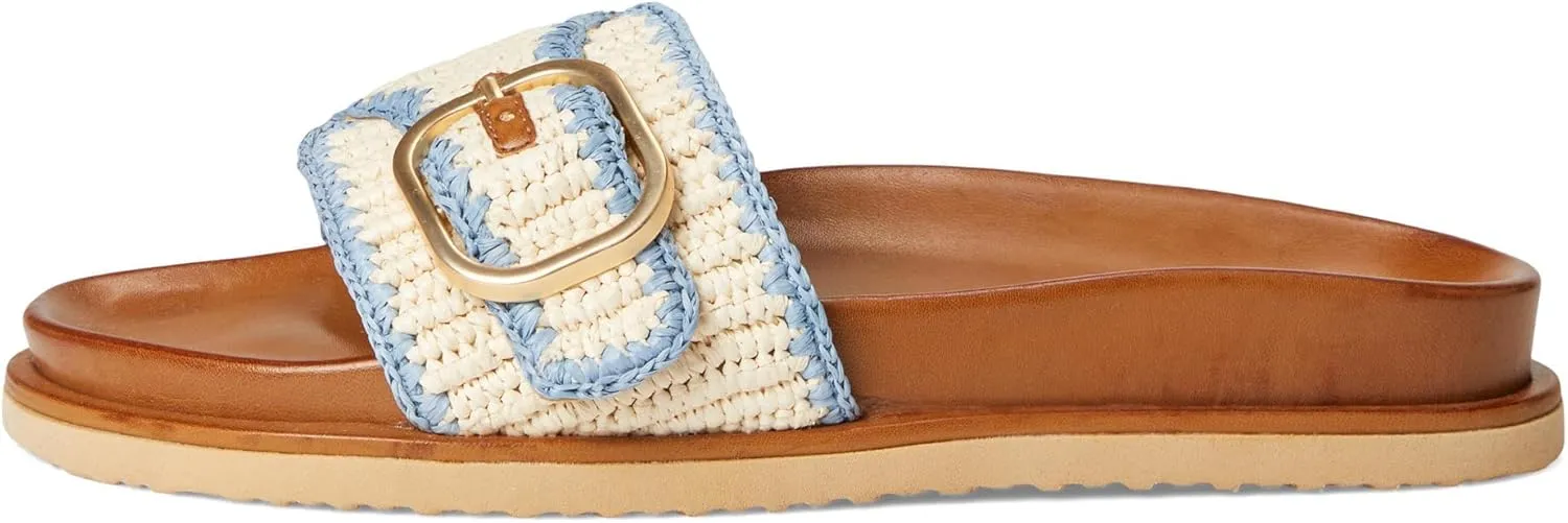 OMLISHZTY Women's Slide Sandals with Oversized Buckle Woven Raffia Flat Sandals for Beach Breathable Cotton Slip-On Summer Shoes