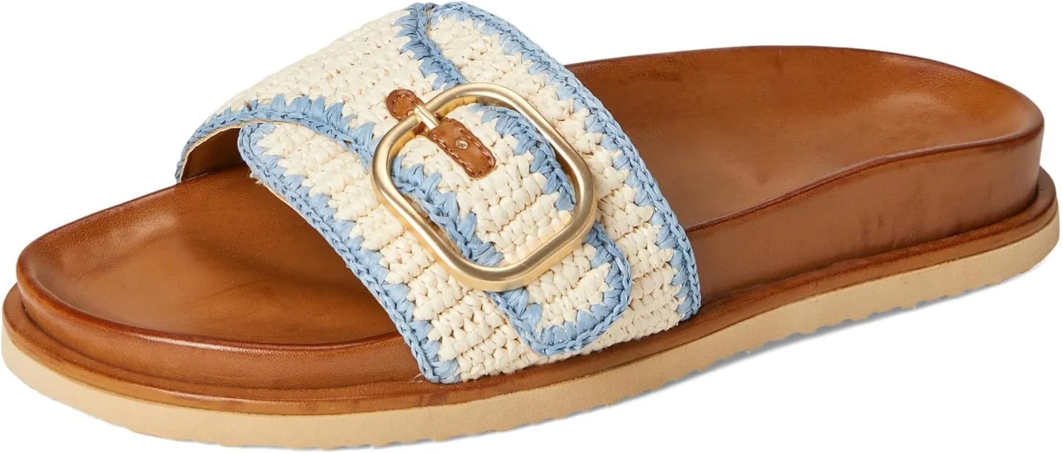 OMLISHZTY Women's Slide Sandals with Oversized Buckle Woven Raffia Flat Sandals for Beach Breathable Cotton Slip-On Summer Shoes