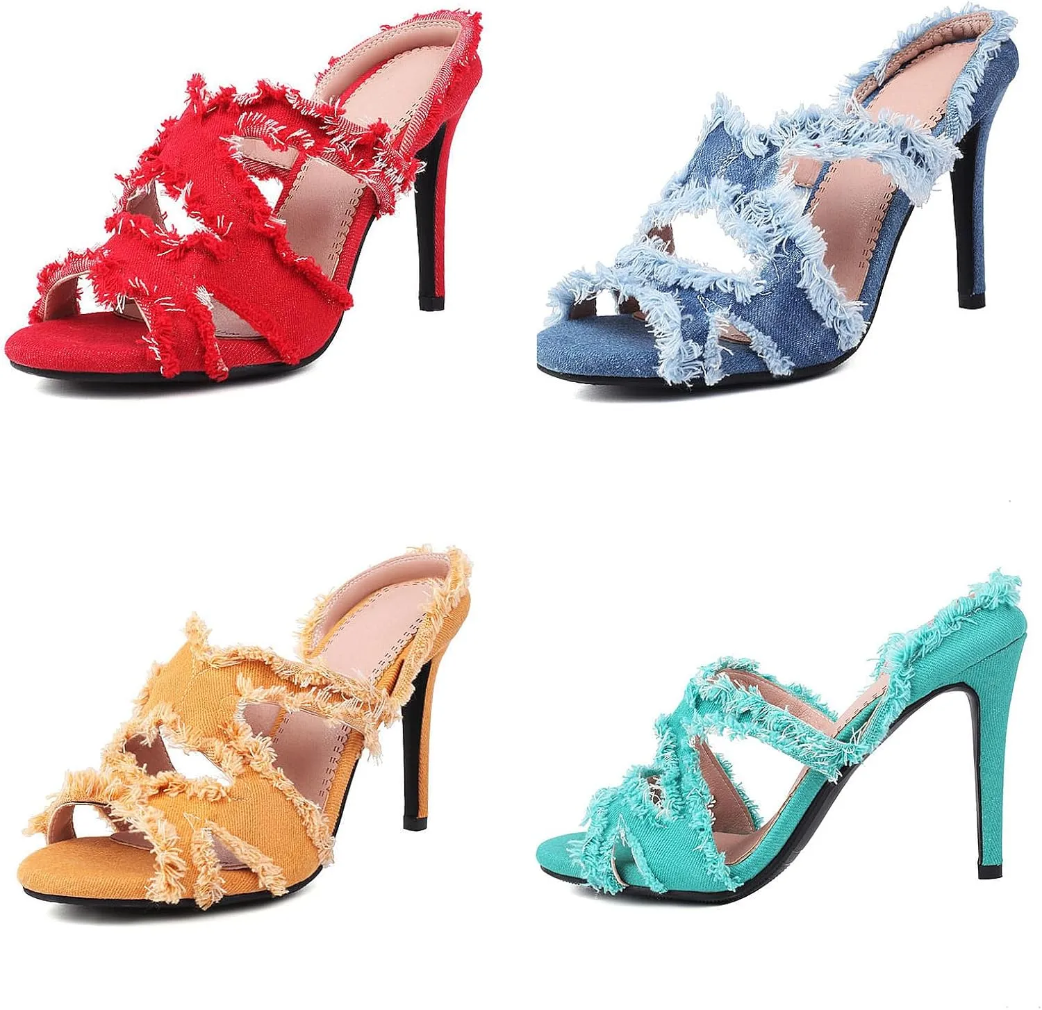 Optigard Women's Denim Cloth Slip On Open Toe Stiletto Shoes Crossover Strap Hollow Mules Fish Mouth Slingback Evening Dress Party Wedding Prom Sandals