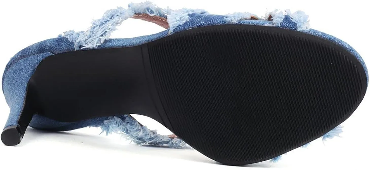 Optigard Women's Denim Cloth Slip On Open Toe Stiletto Shoes Crossover Strap Hollow Mules Fish Mouth Slingback Evening Dress Party Wedding Prom Sandals