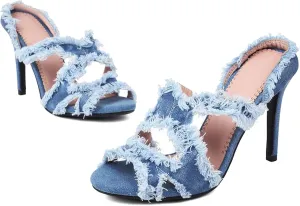 Optigard Women's Denim Cloth Slip On Open Toe Stiletto Shoes Crossover Strap Hollow Mules Fish Mouth Slingback Evening Dress Party Wedding Prom Sandals