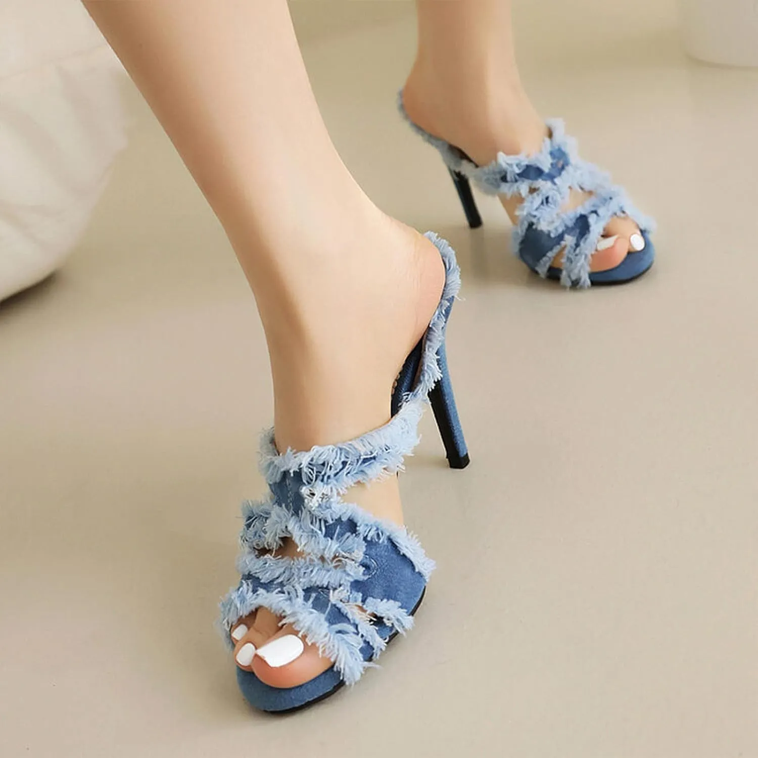 Optigard Women's Denim Cloth Slip On Open Toe Stiletto Shoes Crossover Strap Hollow Mules Fish Mouth Slingback Evening Dress Party Wedding Prom Sandals