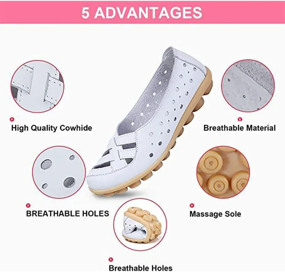 Owlkay Shoes for Women Slip Ons, Casual Orthopedic Loafers for Women, All-Match Hollow Leather Comfortable Practical Daily Flat