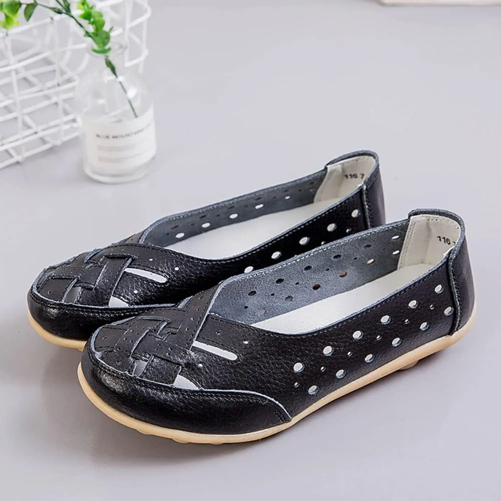 Owlkay Shoes for Women Slip Ons, Casual Orthopedic Loafers for Women, All-Match Hollow Leather Comfortable Practical Daily Flat