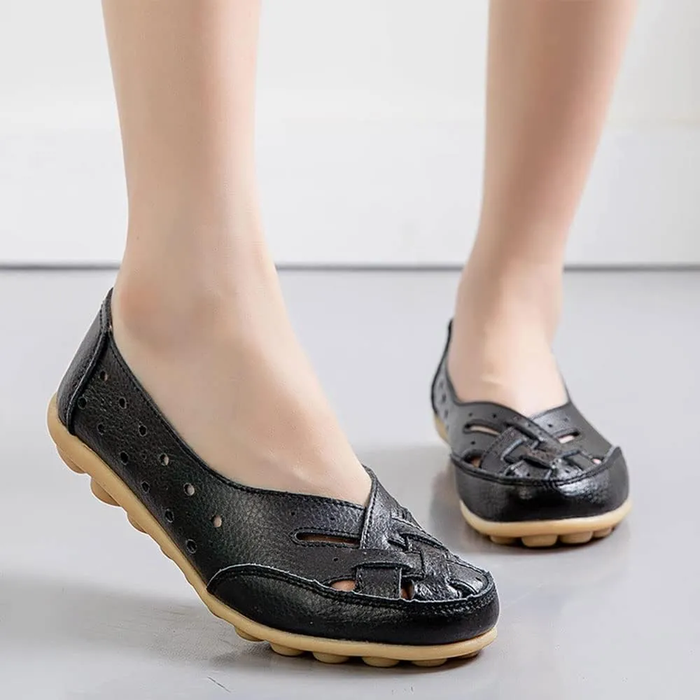 Owlkay Shoes for Women Slip Ons, Casual Orthopedic Loafers for Women, All-Match Hollow Leather Comfortable Practical Daily Flat