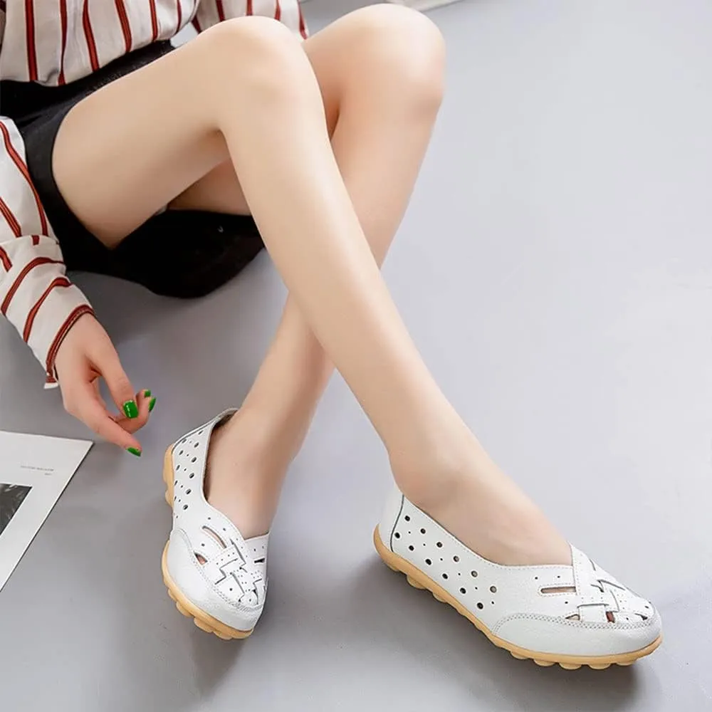 Owlkay Shoes for Women Slip Ons, Casual Orthopedic Loafers for Women, All-Match Hollow Leather Comfortable Practical Daily Flat
