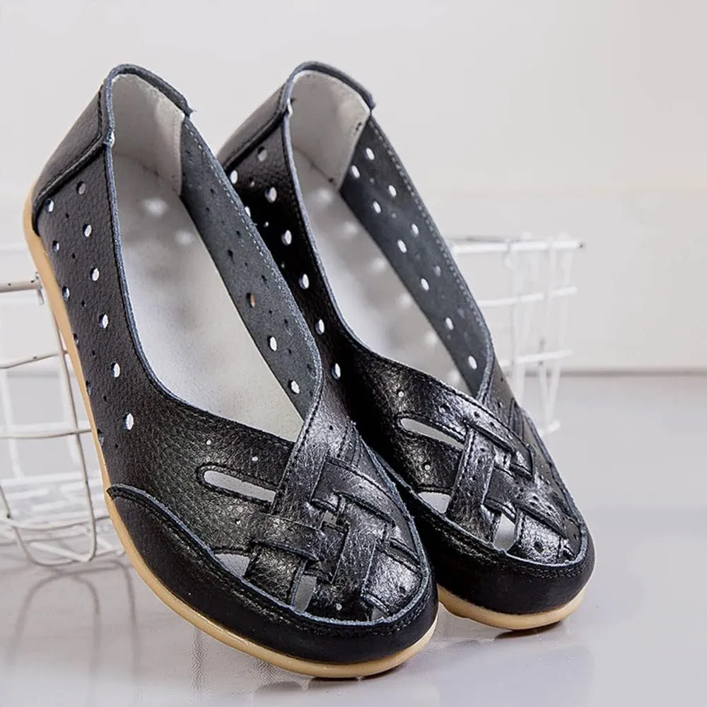 Owlkay Shoes for Women Slip Ons, Casual Orthopedic Loafers for Women, All-Match Hollow Leather Comfortable Practical Daily Flat