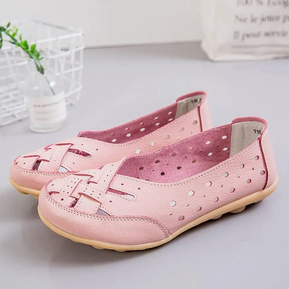 Owlkay Shoes for Women Slip Ons, Casual Orthopedic Loafers for Women, All-Match Hollow Leather Comfortable Practical Daily Flat