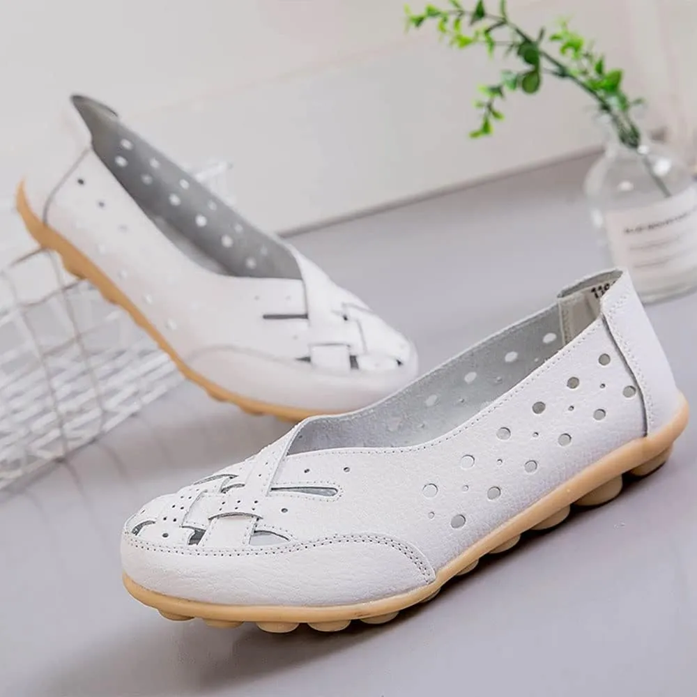 Owlkay Shoes for Women Slip Ons, Casual Orthopedic Loafers for Women, All-Match Hollow Leather Comfortable Practical Daily Flat