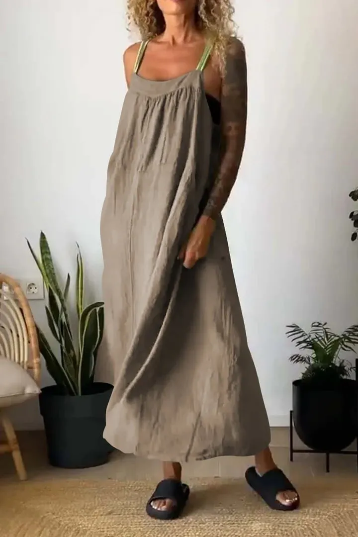Owronline - Women's Simple Cotton And Linen Suspender Dress