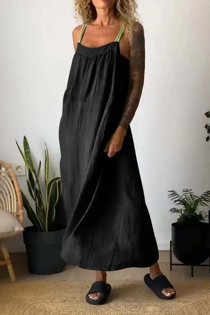 Owronline - Women's Simple Cotton And Linen Suspender Dress