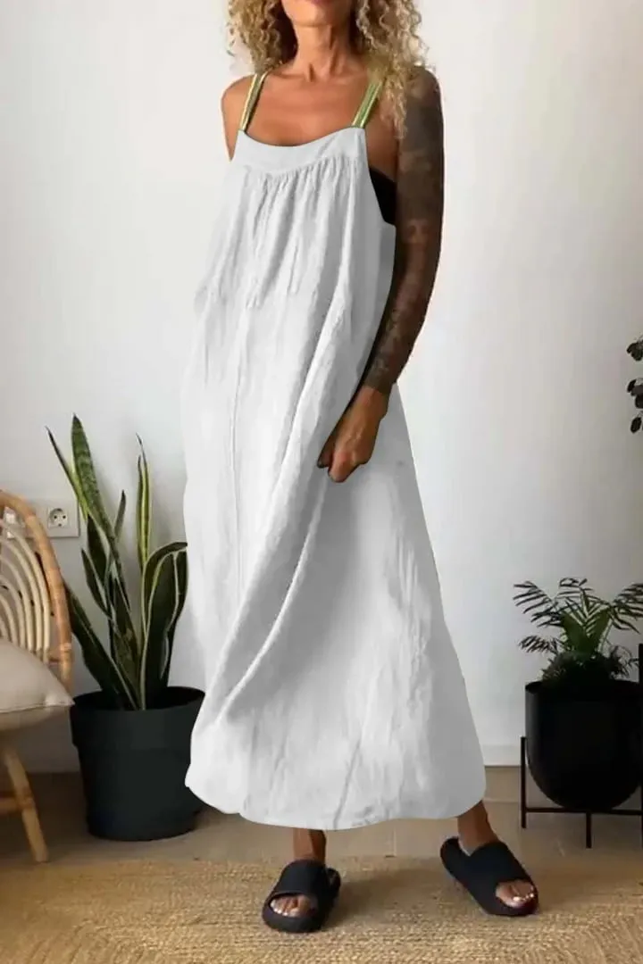 Owronline - Women's Simple Cotton And Linen Suspender Dress