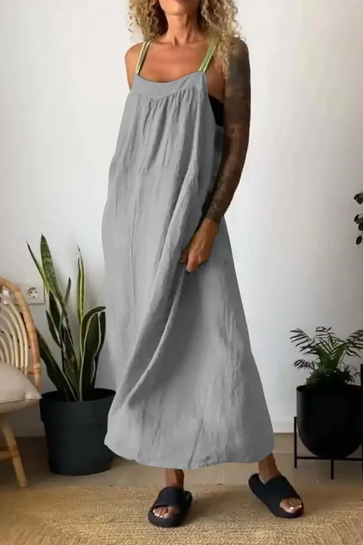 Owronline - Women's Simple Cotton And Linen Suspender Dress