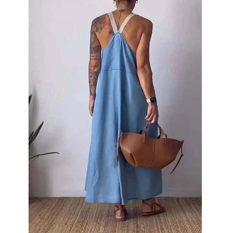 Owronline - Women's Simple Cotton And Linen Suspender Dress