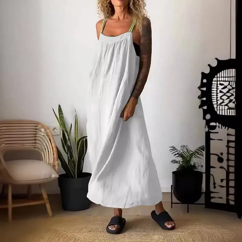 Owronline - Women's Simple Cotton And Linen Suspender Dress