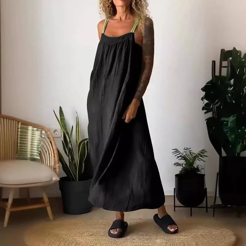 Owronline - Women's Simple Cotton And Linen Suspender Dress