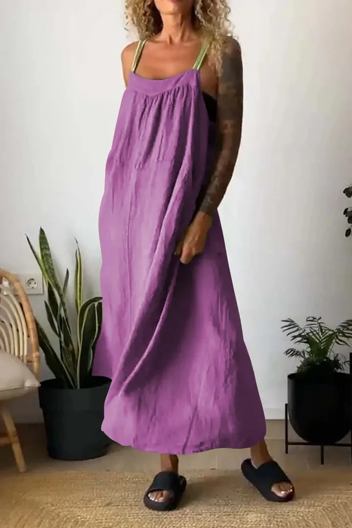 Owronline - Women's Simple Cotton And Linen Suspender Dress