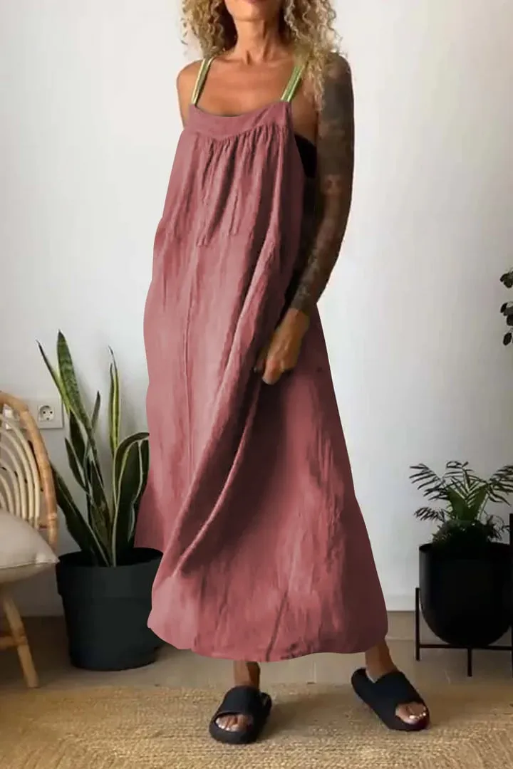 Owronline - Women's Simple Cotton And Linen Suspender Dress