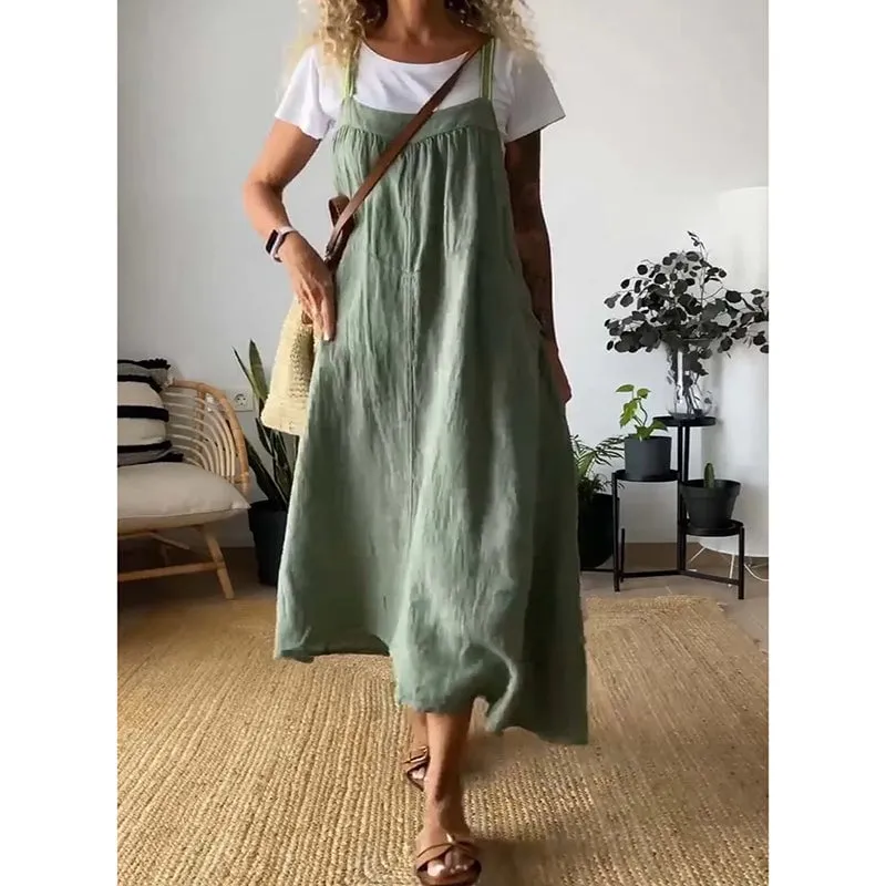 Owronline - Women's Simple Cotton And Linen Suspender Dress