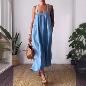 Owronline - Women's Simple Cotton And Linen Suspender Dress