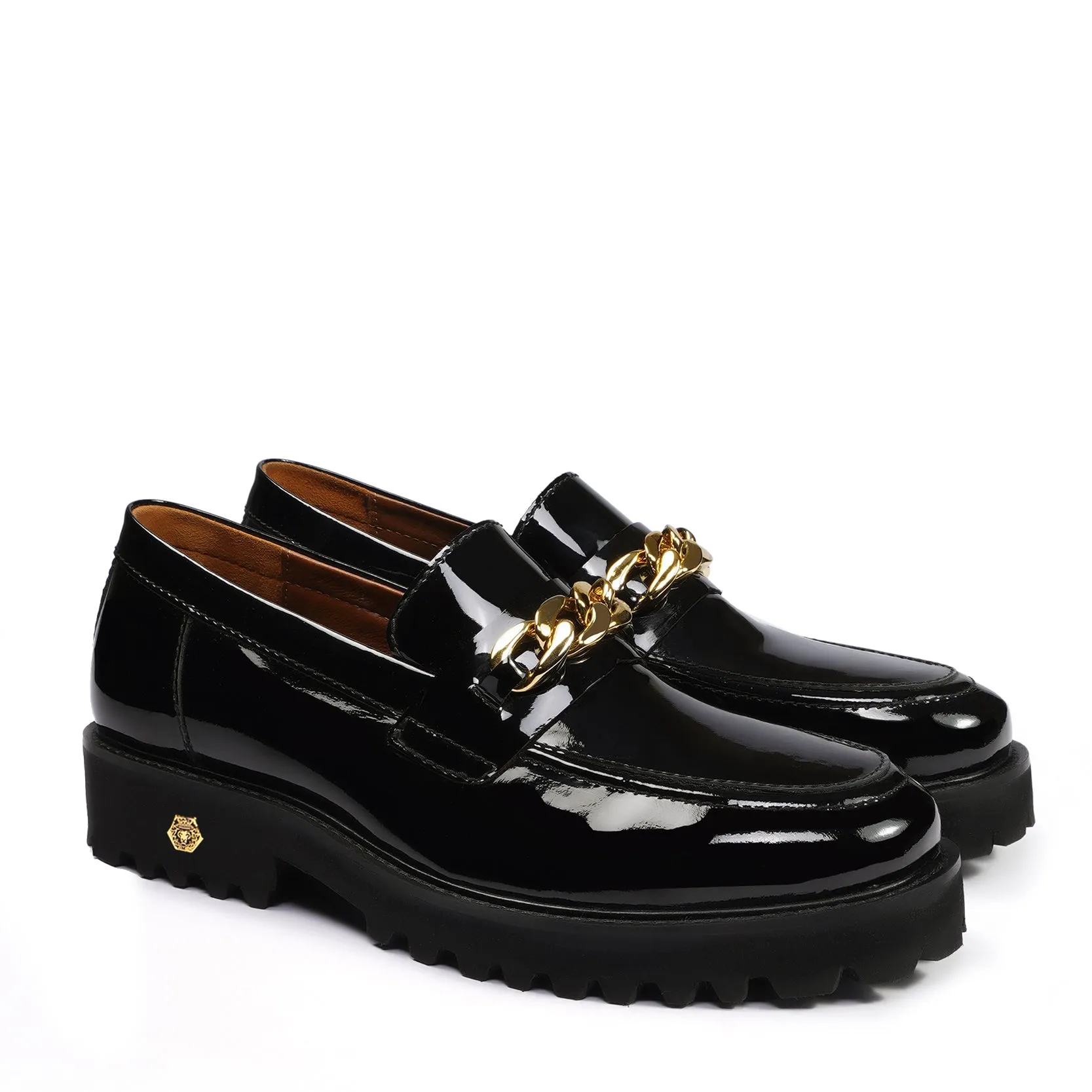 Patent Leather Super Chunky Sole Black Loafers with Golden Metallic Chain