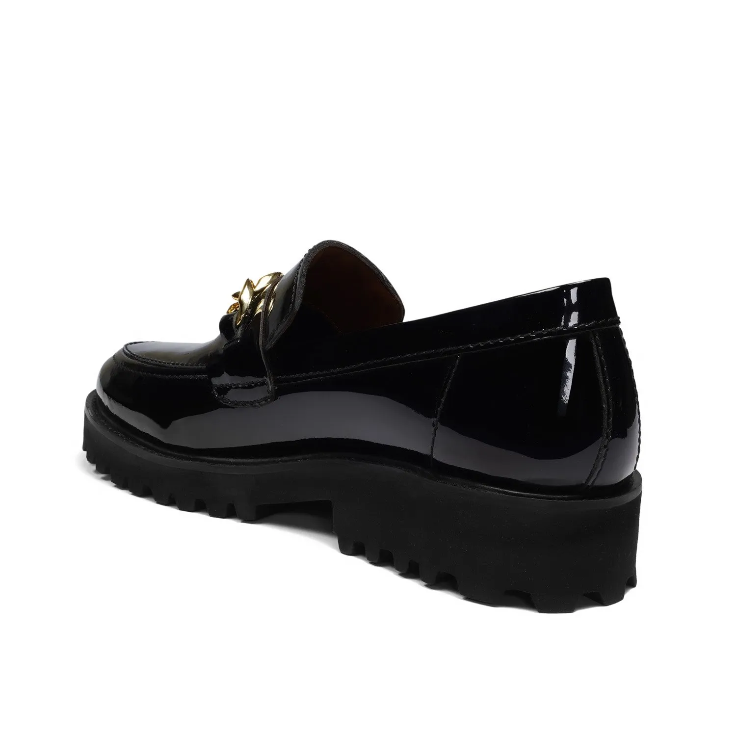 Patent Leather Super Chunky Sole Black Loafers with Golden Metallic Chain