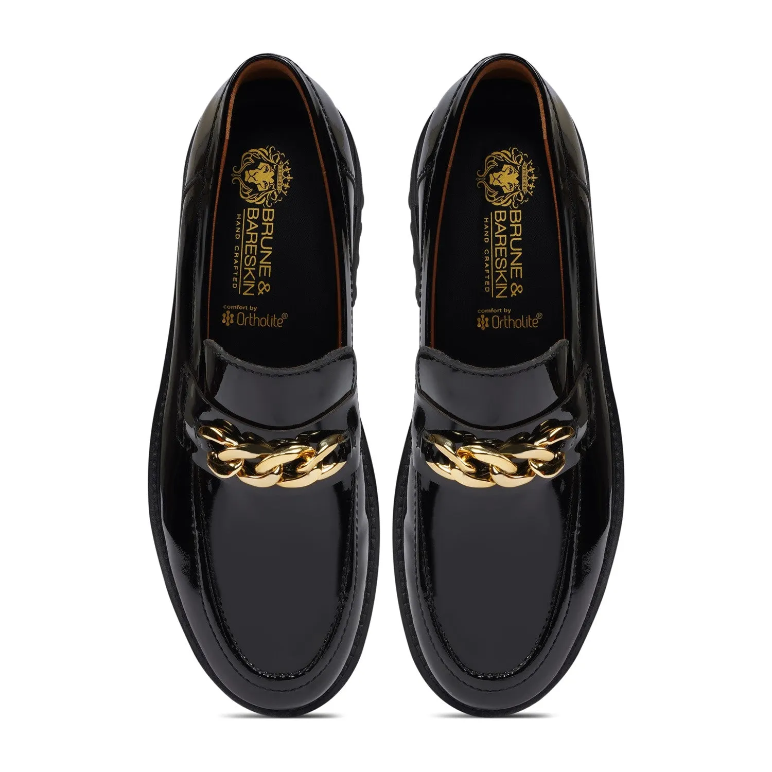 Patent Leather Super Chunky Sole Black Loafers with Golden Metallic Chain