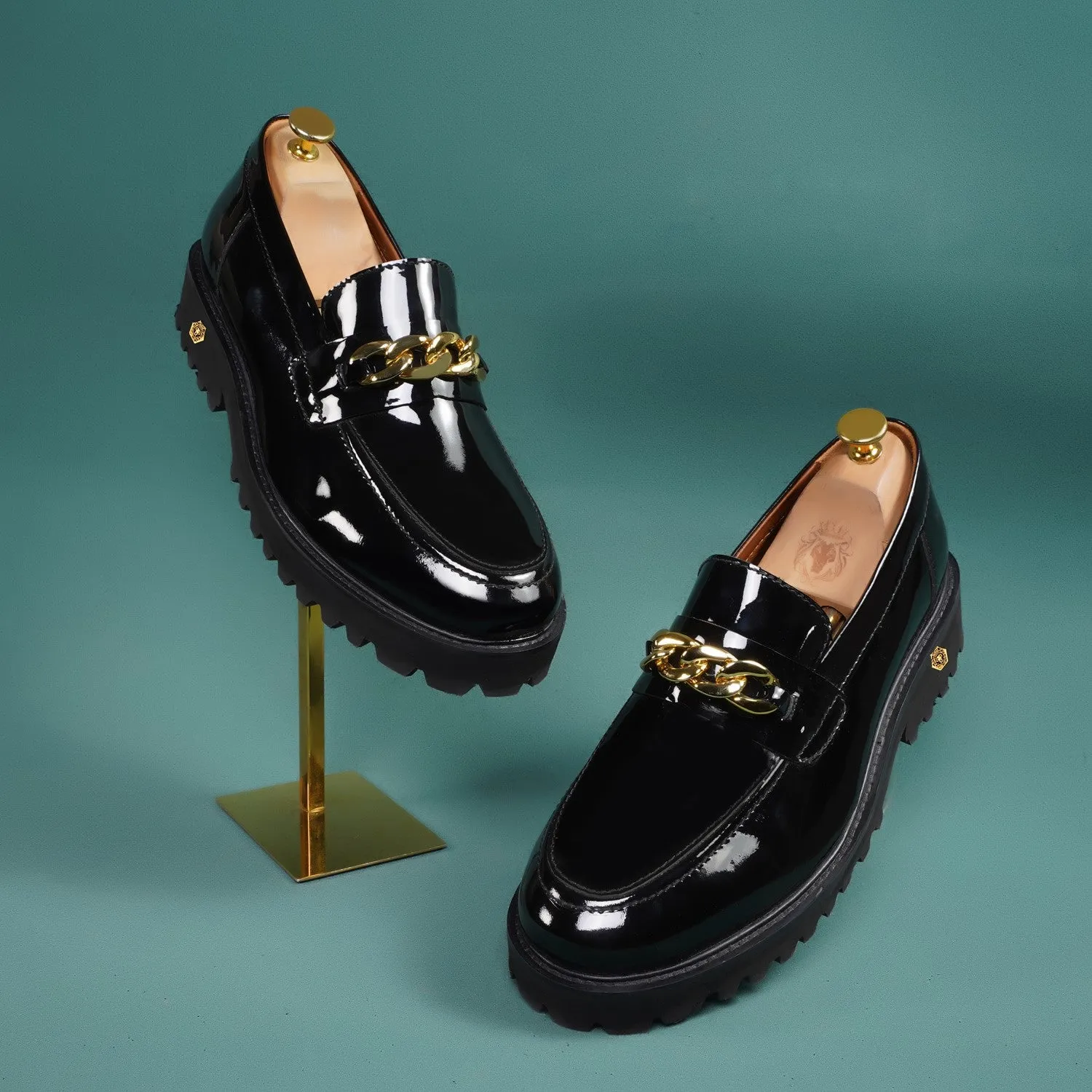 Patent Leather Super Chunky Sole Black Loafers with Golden Metallic Chain