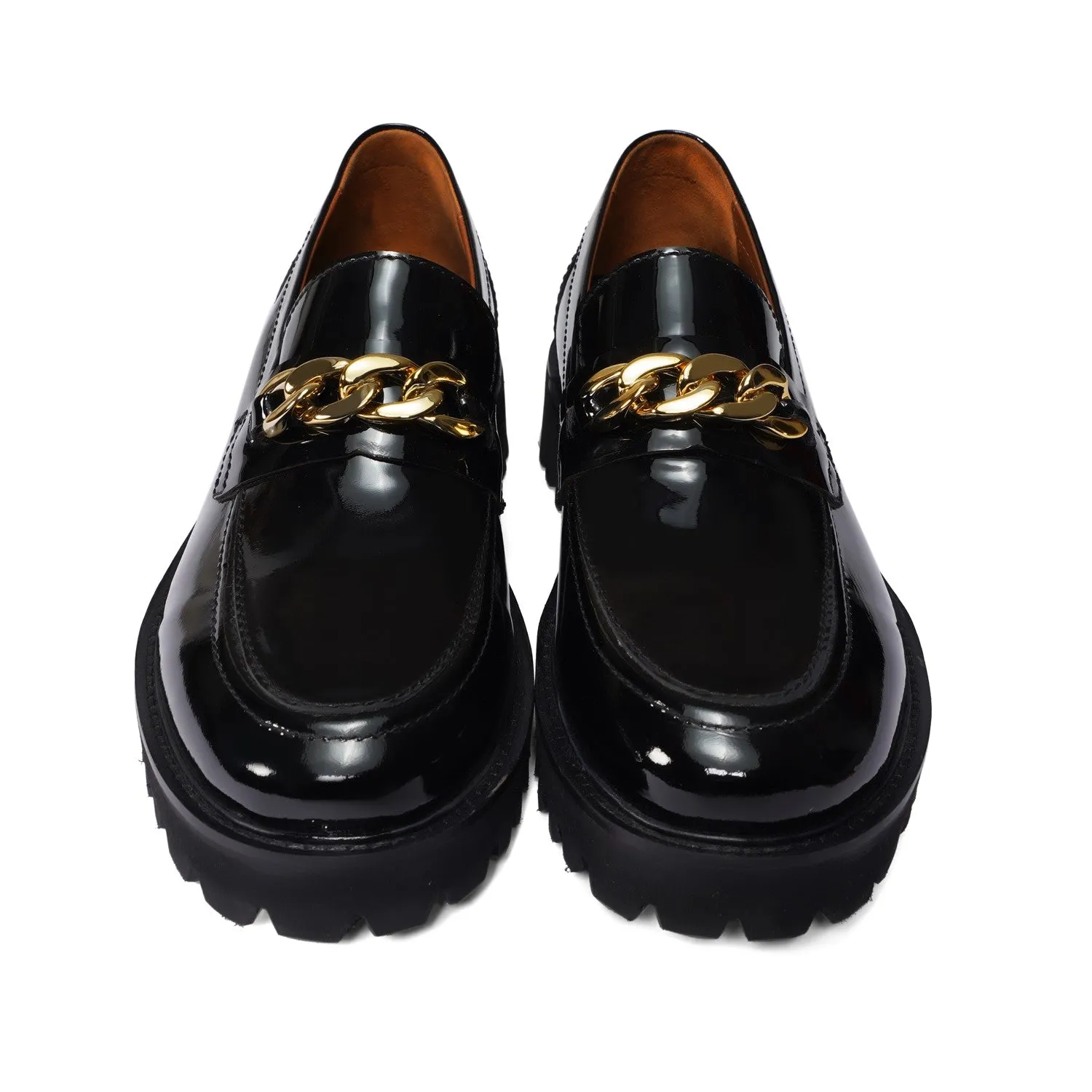 Patent Leather Super Chunky Sole Black Loafers with Golden Metallic Chain