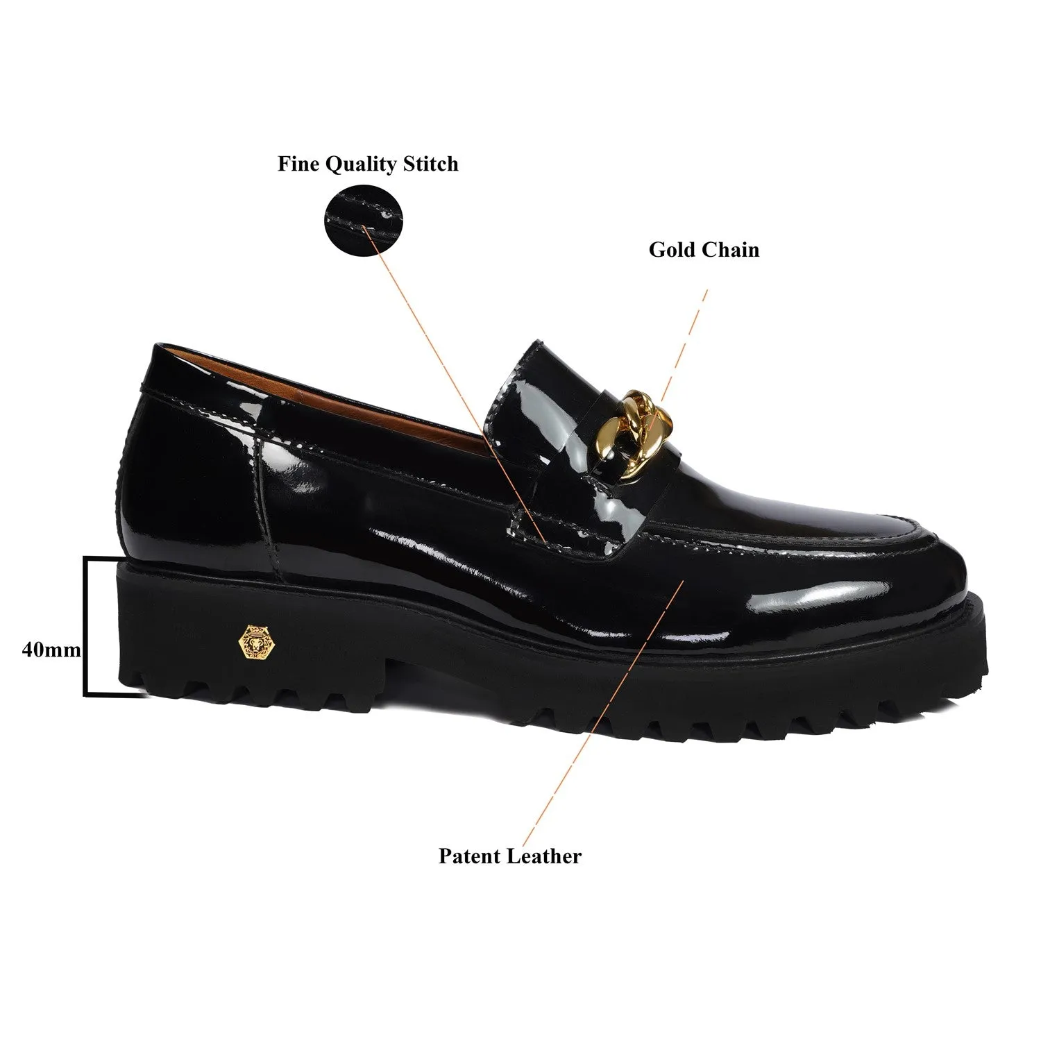 Patent Leather Super Chunky Sole Black Loafers with Golden Metallic Chain