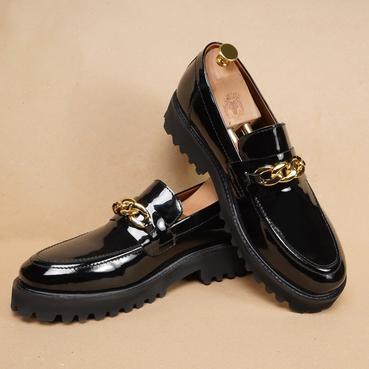 Patent Leather Super Chunky Sole Black Loafers with Golden Metallic Chain