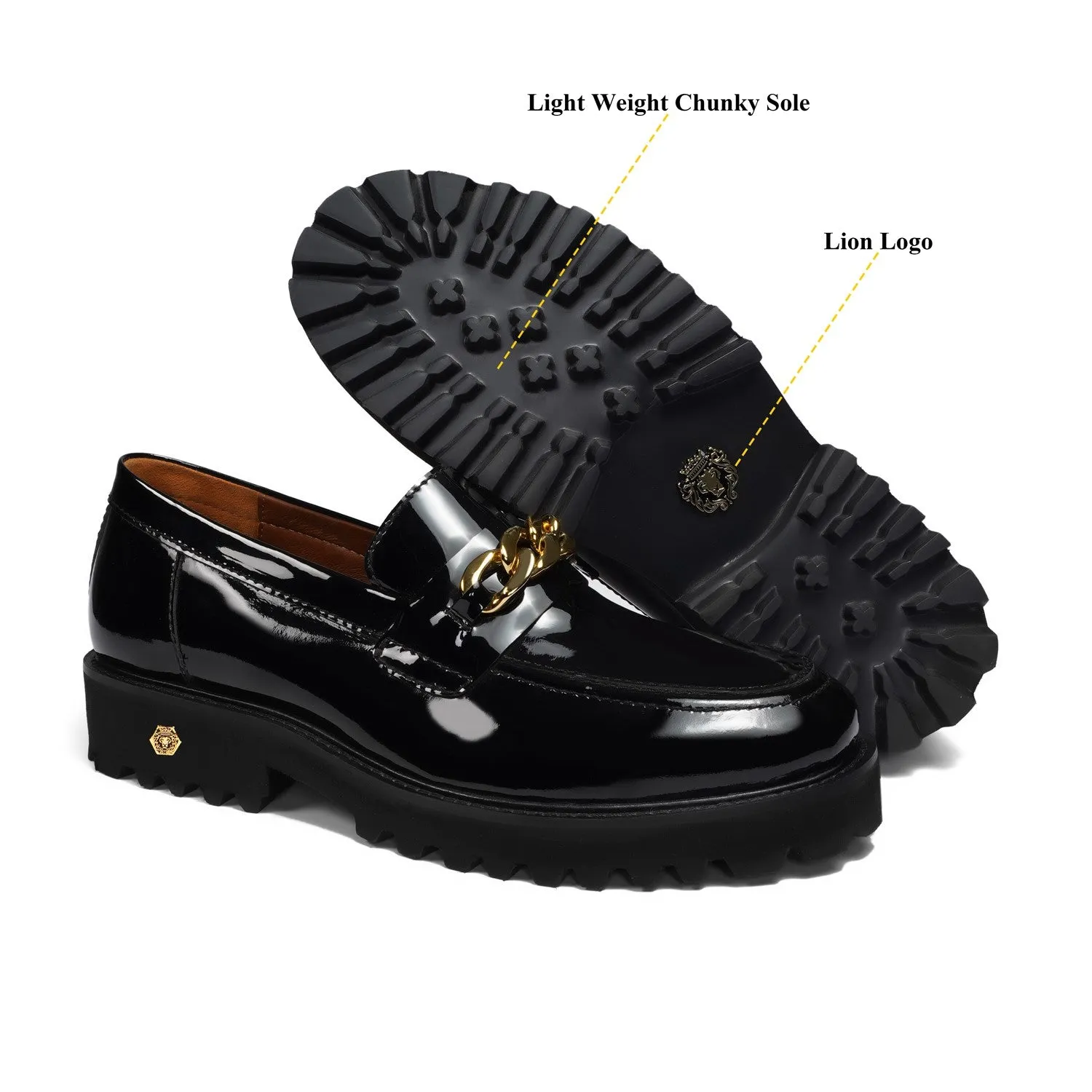 Patent Leather Super Chunky Sole Black Loafers with Golden Metallic Chain