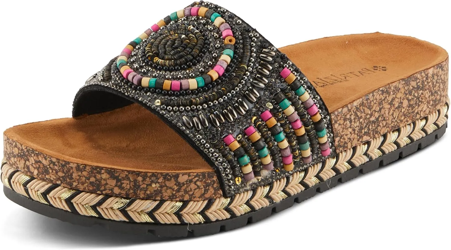 PATRIZIA Women's SWIRLA Multicolor Beaded One-Band Slide Cork Wedge Sandals