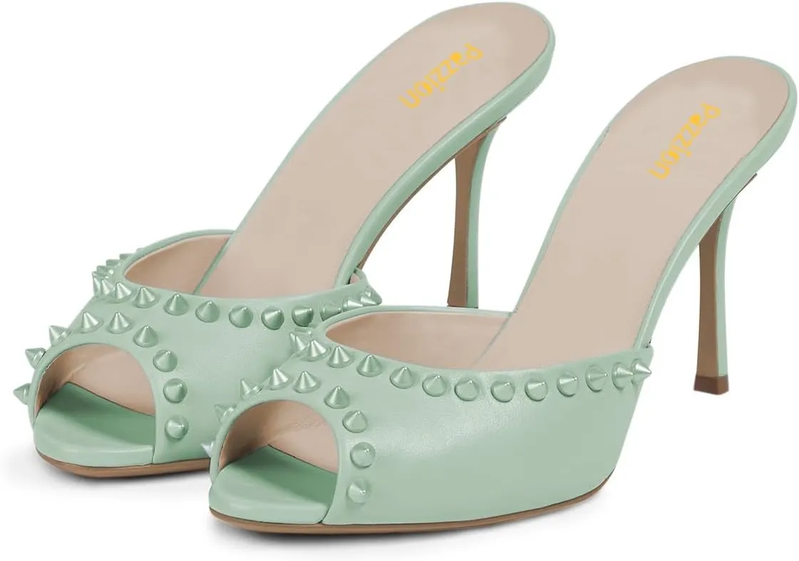 Pazzion Women Chic Studs Macaron Color Sandals High Heels Sexy Peep Toe Mules Slip On Stylish Event Club Shoes Size 4-16 US