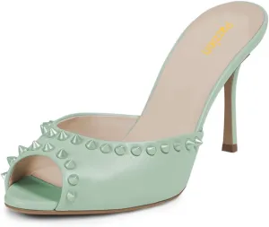 Pazzion Women Chic Studs Macaron Color Sandals High Heels Sexy Peep Toe Mules Slip On Stylish Event Club Shoes Size 4-16 US
