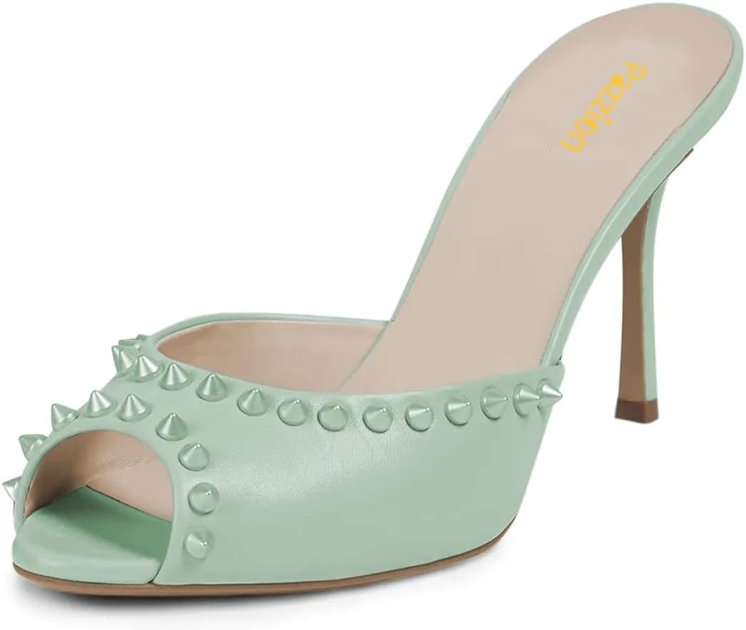 Pazzion Women Chic Studs Macaron Color Sandals High Heels Sexy Peep Toe Mules Slip On Stylish Event Club Shoes Size 4-16 US
