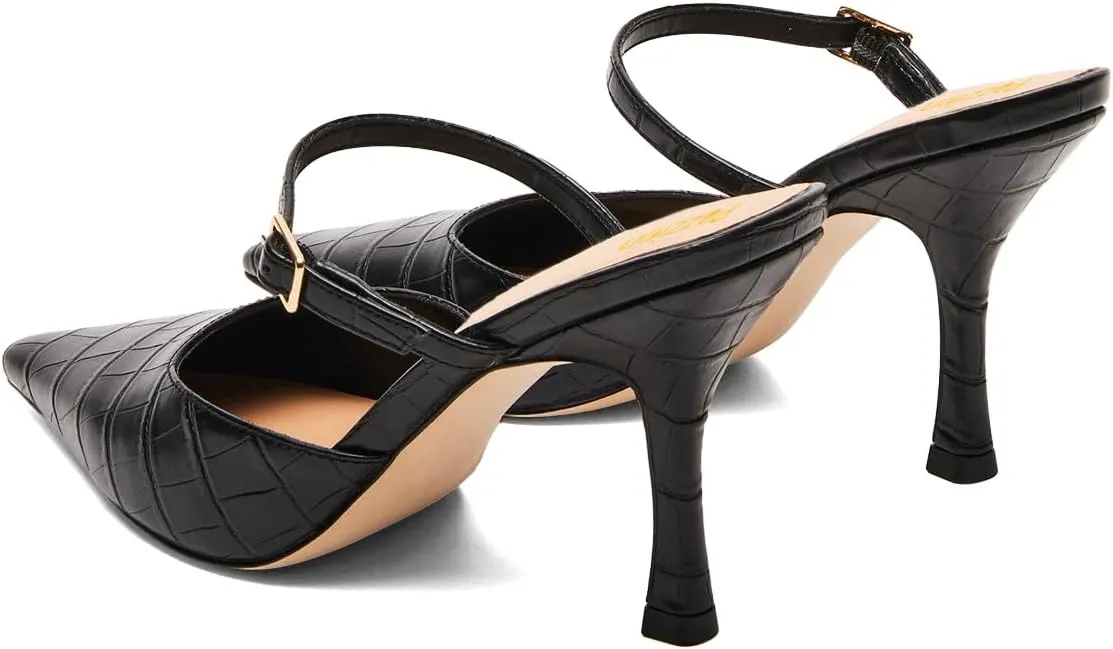 Pazzion Women Closed Pointy Toe Mules Crocodile Print Strap Buckle High Thin Heel Sandals Backless Slip On Shoes for Daily Shopping Dress Size 4-16 US