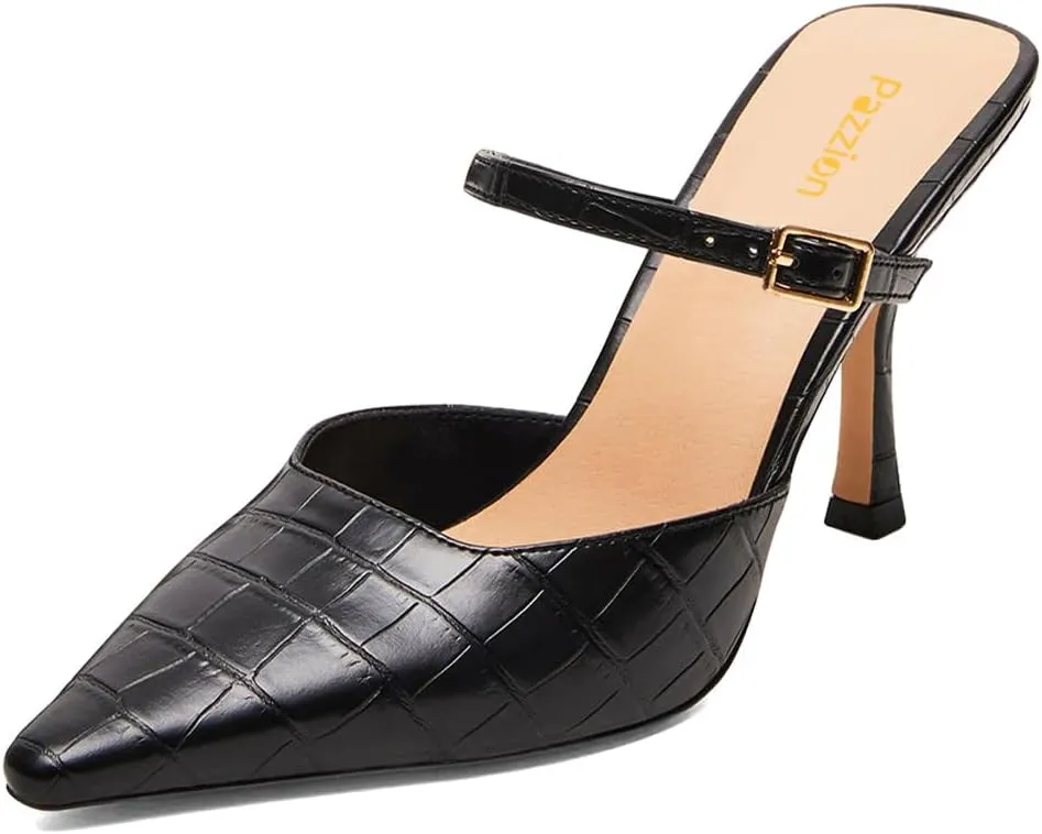 Pazzion Women Closed Pointy Toe Mules Crocodile Print Strap Buckle High Thin Heel Sandals Backless Slip On Shoes for Daily Shopping Dress Size 4-16 US