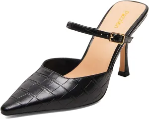 Pazzion Women Closed Pointy Toe Mules Crocodile Print Strap Buckle High Thin Heel Sandals Backless Slip On Shoes for Daily Shopping Dress Size 4-16 US