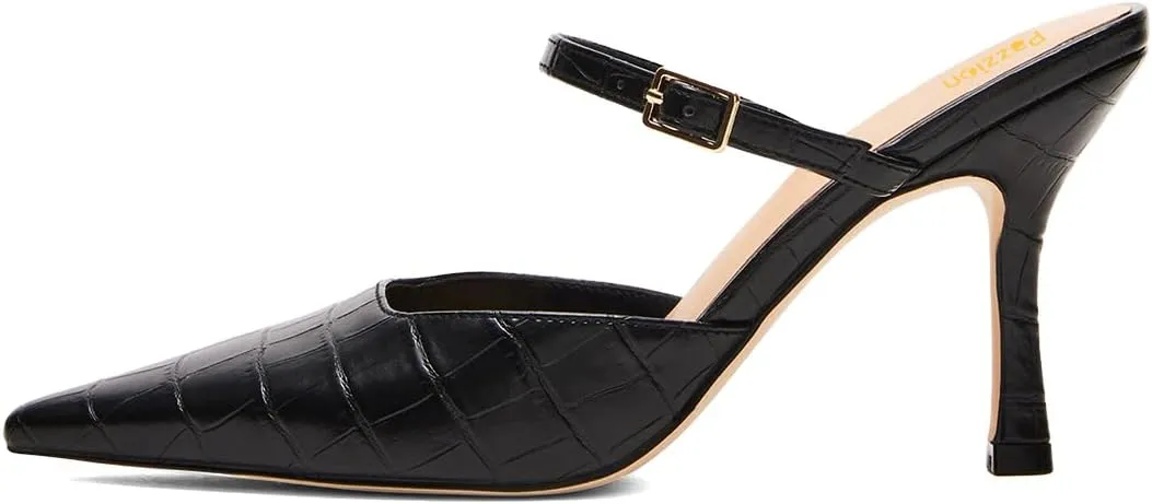 Pazzion Women Closed Pointy Toe Mules Crocodile Print Strap Buckle High Thin Heel Sandals Backless Slip On Shoes for Daily Shopping Dress Size 4-16 US
