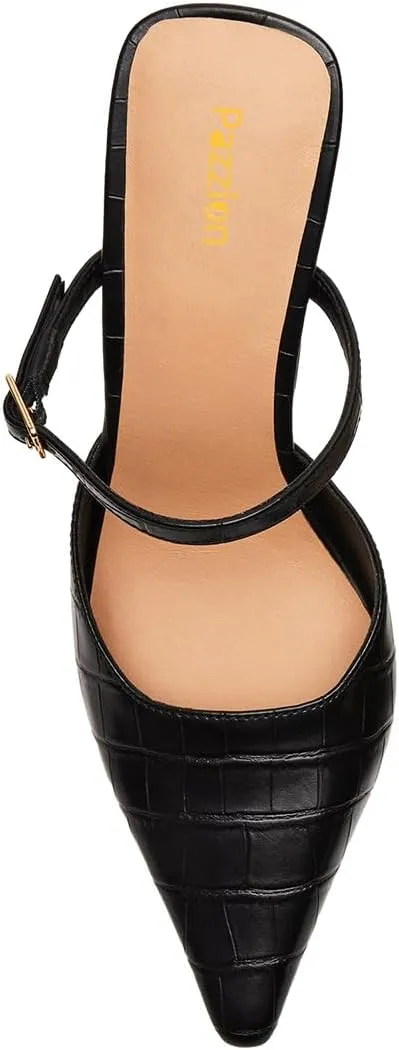 Pazzion Women Closed Pointy Toe Mules Crocodile Print Strap Buckle High Thin Heel Sandals Backless Slip On Shoes for Daily Shopping Dress Size 4-16 US