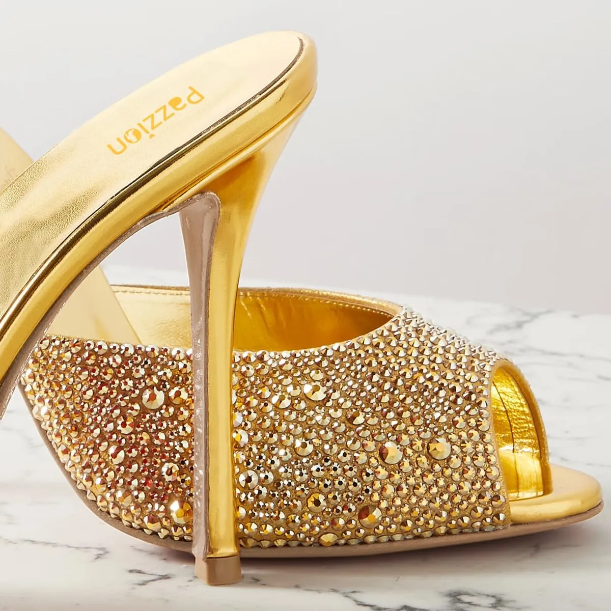 Pazzion Women Crystal Peep Toe High Heel Slides Sandals Sparkling Slip On Mules Summer Party Shoes Size 4-16 US